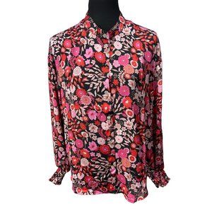 Chenault Floral Mock Neck Blouse Pink Red‎ Long Sleeve Smocked Cuffs Medium NWT